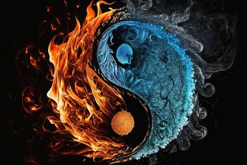 Yin-Yang inspired Contrast between Fire and Ice, Balance, Life Meditation, Ai, Ai Generated - obrazy, fototapety, plakaty