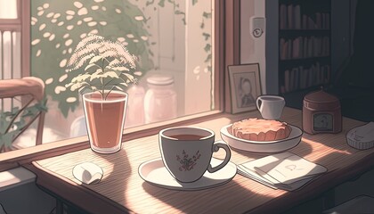 A cozy coffee date with a Valentine's aesthetic, a charming and romantic illustration for a lovely atmosphere