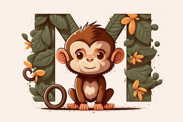 Monkey cute caracter and letter M logo. Generative AI ..