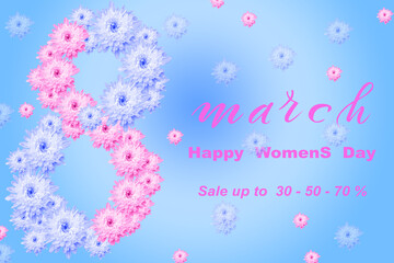 flyer or banner about 30,50,70 percent discount for international women's day on march 8th. 3d illustration
