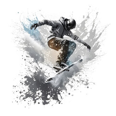 Snowboarder jumping through air with isolated background. Winter Sport transparent background. no recognizable people. splashing snow everywhere