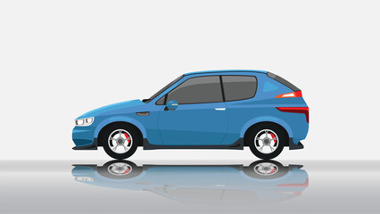 Fototapeta na wymiar Concept vector illustration of detailed side of a flat electric vehicle car blue color. with shadow of car on reflected from the ground below. And isolated white background.