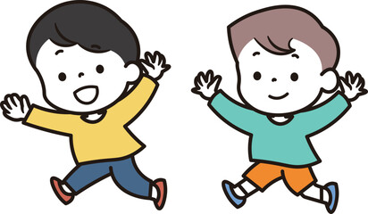 追いかけっこをしている2人の日本人小学生の男の子のイラスト素材