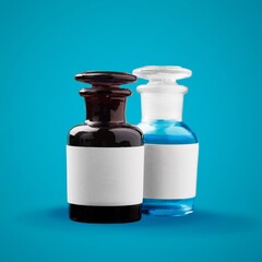 Liquid in glassware bottle on color background