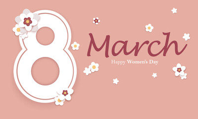 8 March paper cut floral horizontal banner design big white eight number on pale pink background