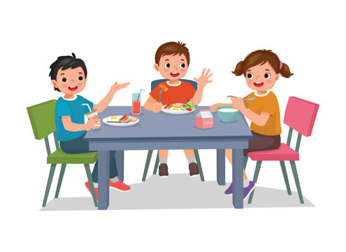 Group of kids students having lunch together at cafeteria