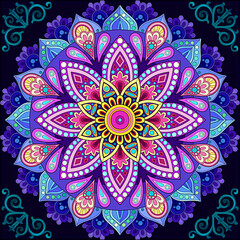 Mandala flower shape with a mix of colors, pink, yellow, purple and blue 
