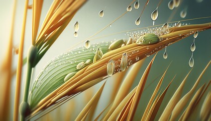 Rice grain plant background. Harvest farm macro close up. Generative AI technology.