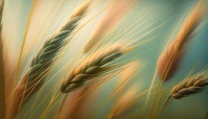 Wheat grain on morning background. Harvest farm macro close up. Generative AI technology.