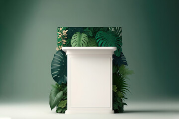 Front view 3D product round short podium on green white gold for business with background is a tropical forest and various leaves. copy-space. Generative AI..