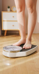 woman measure weight on scale - obrazy, fototapety, plakaty