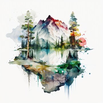 watercolor painting landscape mountain splash design nature