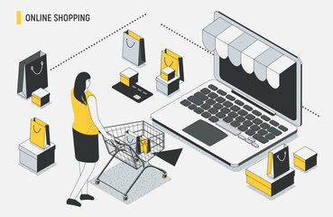Concept of online shopping, e-commerce, flash sale, discount, cashless payment, digital, flat. Vector illustration with laptop, packages, boxes and woman with shopping cart