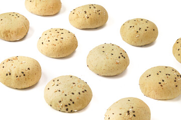 A pile of bread on a white background