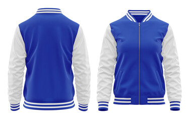 Baseball jacket for ladies, long sleeve with full zip,3D Render, Blue body, and white sleeve.