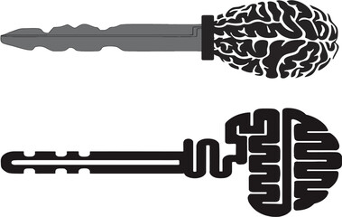 Brain key to move the world. Creative brain signs with key symbol. Key of success.Concept of ideas inspiration, innovation, invention, effective thinking and knowledge. Editable vector. eps 10.