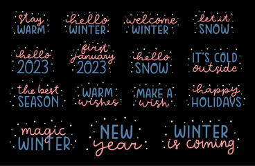 Hand drawn lettering set winter. set of winter phrases. Winter lettering set and isolated vector