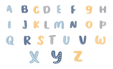 Uppercase letters. Cartoon alphabet. ABC. Funny hand drawn graphic font. 