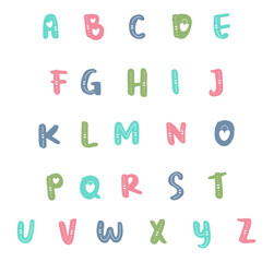 Uppercase letters with love decoration.Cartoon alphabet. ABC. Funny hand drawn graphic font.