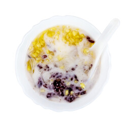 Sweet mung bean porridge mix black sticky rice with coconut cream,Tao suan,Thai Dessert isolated