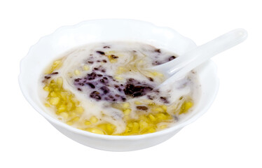 Sweet mung bean porridge mix black sticky rice with coconut cream,Tao suan,Thai Dessert isolated