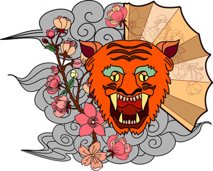 colorful traditional tattoo style Tiger face with cherry blossom and hibiscus flower on could and red rising sun background.Chinese Tiger roaring tattoo.Traditional Japanese culture for printing