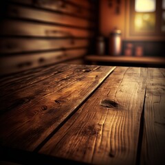 Wooden top table with bokeh light effect and blur restaurant on background, blur background. Generative AI