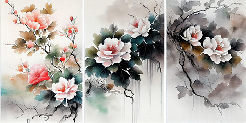 Japanese Watercolor Inspired Triptych Illustration with Flowers . generative ai
 - obrazy, fototapety, plakaty