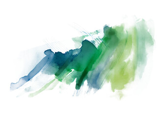 Abstract watercolor brush stokes and splash in green and blue. Transparent PNG.