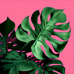 Monstera Plant Leaves with Multiple Fenestrations with Green and Pink Colors. generative ai