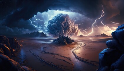 A stormy vista on an extraterrestrial landscape, AI Generative