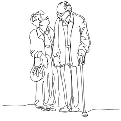 Elderly couple holding hands in one line on a white background. Grandpa and grandma are in love in a minimalist style. Stock vector illustration with editable stroke.