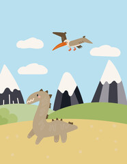 vector nature landscape prehistoric period  with pterodactyl, dinosaur and mountains 