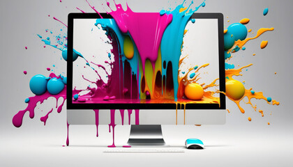 Photorealistic ai artwork of abstract background with splashes of color on a computer monitor. Generative ai.