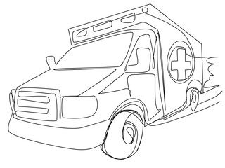 Driving ambulance in one line on a white background. The concept of calling doctors and hospitalizing a patient. Stock vector illustration with editable stroke. © Artskrin