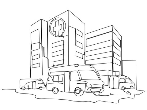 Simple hospital with buildings and ambulances in one line on a white background. Conceptual image of the Clinic. Stock vector illustration with editable stroke.