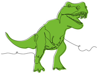 Dinosaur in one line on a white background. Tyrannosaurus rex concept with green silhouette and minimal outline. Stock vector illustration with editable stroke.