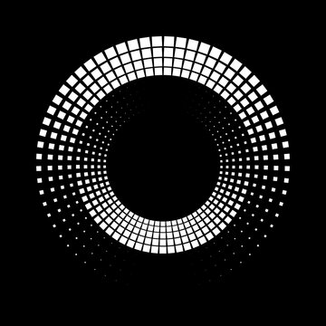 White square halftone dots in circle form. Geometric art. Vector illustration. Circular shape. Trendy design element for border frame, round logo, tattoo, sign, symbol, web pages, print