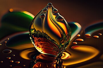Drop of oil. Sunflower golden liquid gel. Olive oily abstract closeup background.