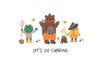 Fototapeta premium Cute cartoon Summer Camping. Adventure, tourist areas, camp and bear, frog, badger. Colorful vector outdoor illustration in flat cartoon style.