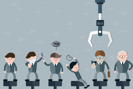 The group of men with various charactors waiting for selected from robotic arms,cartoon concept - vector