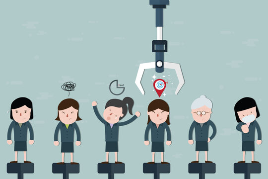 The group of women with various charactors waiting for selected from robotic arms,cartoon concept - vector