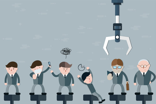 The group of men with various charactors waiting for selected from robotic arms,cartoon concept - vector