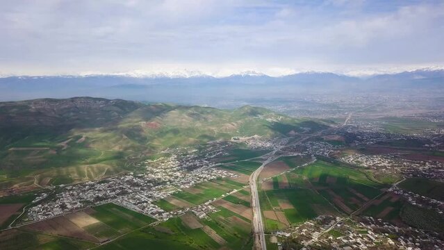 Aerial of Tajikistan rural countryside.