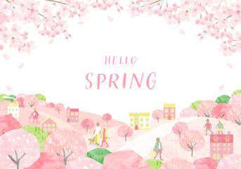 桜が咲く春の街並みと人々のベクターイラスト背景 © Honyojima