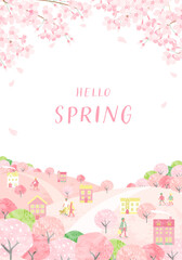 桜が咲く春の街並みと人々のベクターイラスト背景