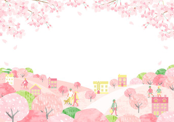 Fototapeta 桜が咲く春の街並みと人々のベクターイラスト背景 obraz