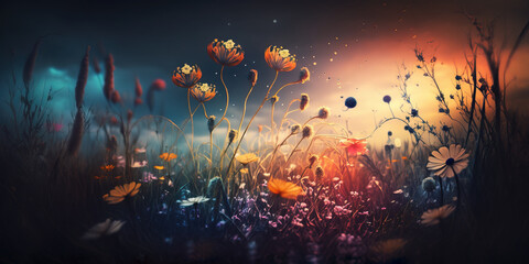 Wild Flowers at Sunset in a Field. AI generated Illustration.