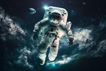Fototapeta na wymiar Astronaut flying in space without gravity. Generative AI