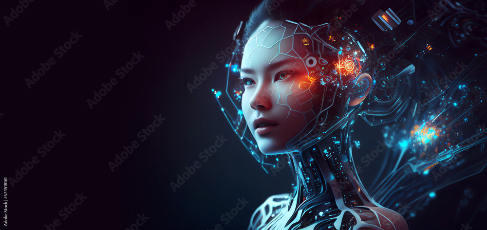 Poster artificial intelligence in image of cyborg asian girl with a neural network thinks. artificial intel